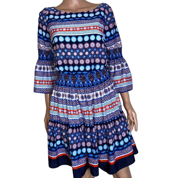 Eliza J Dress Floral Short Bell 3/4 Sleeve V Neck elastic waist short Aztec SZ 4 - Picture 1 of 7